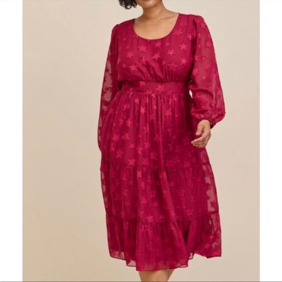 π π Midi Clip Dot Star Chiffon Tiered Dress 0 NWT Torrid New Burgundy - Picture 1 of 6